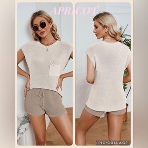 Ribbed Round Neck Pocket Knit Top and Shorts Set